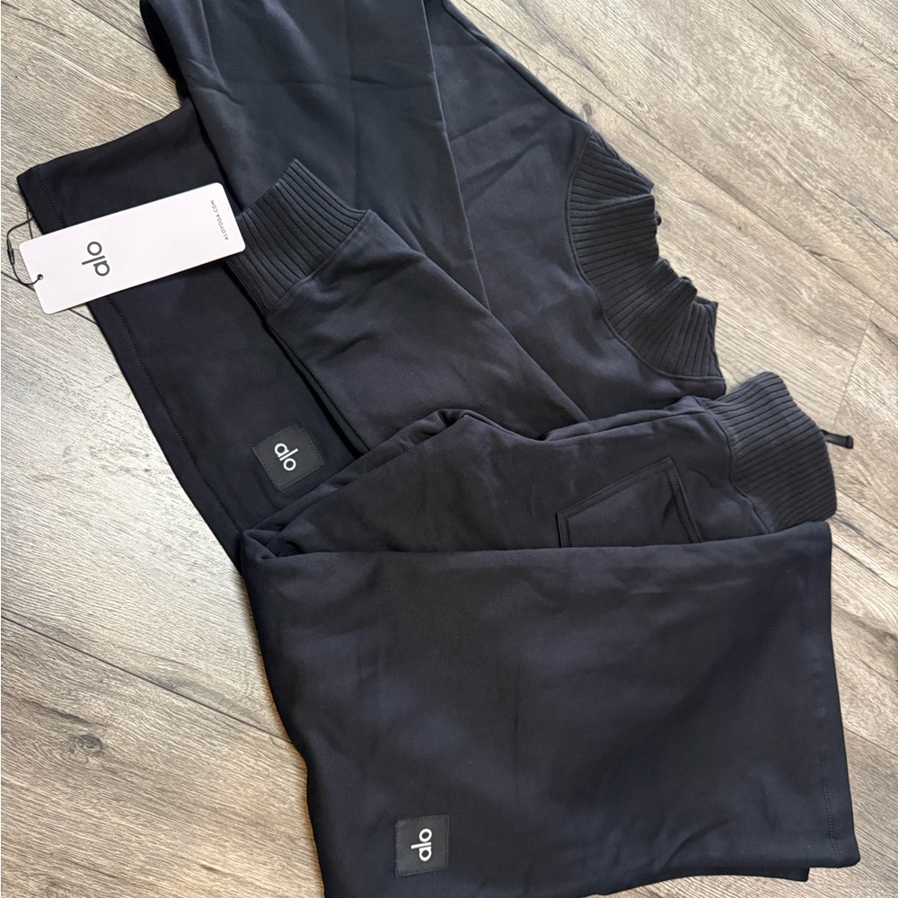 ALO Yoga Black Ribbed-Neck Track Pants & Zip Sweatshirt Set